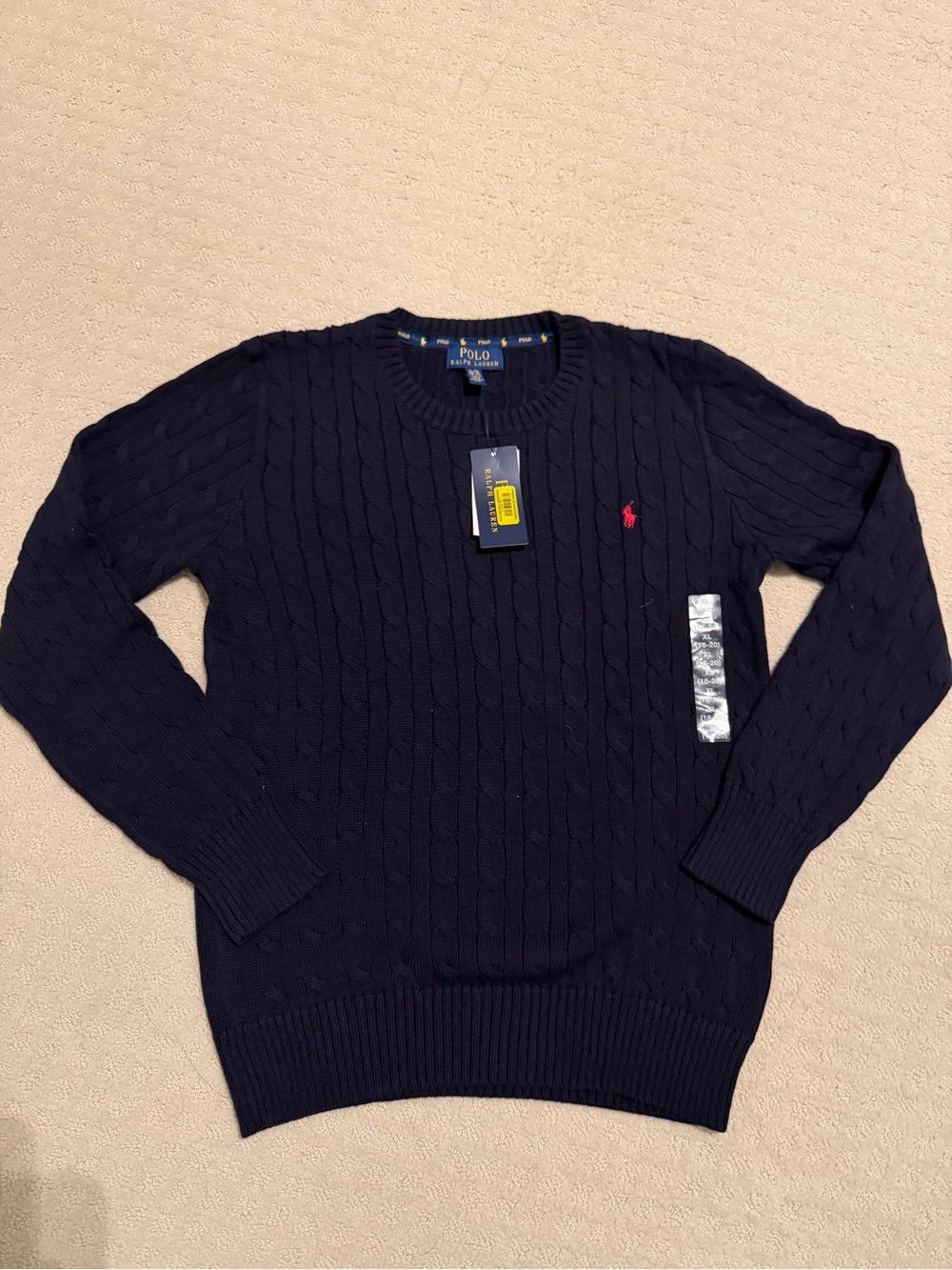 Ralph Lauren Navy Cable-Knit Crewneck Sweater with Red Pony - Boys size 18/20
